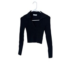 Babaton Sweater Womens XS Black Ribbed Knit Collared Long Sleeve‎ Cropped Top